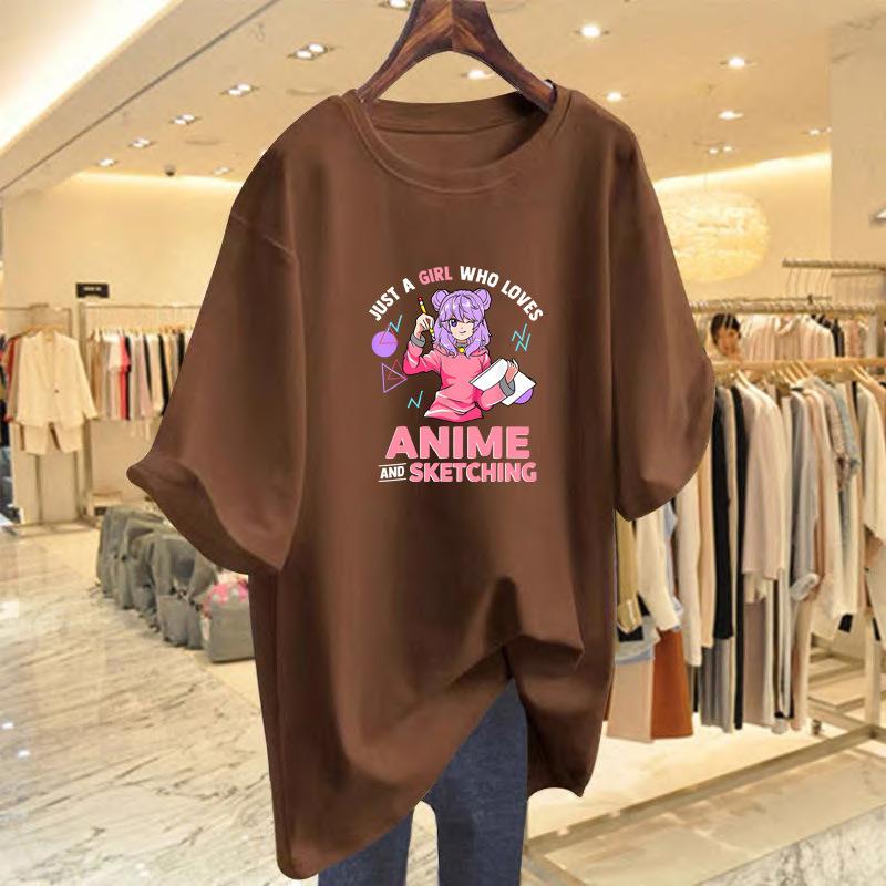 

White shoulder crew neck short-sleeved t-shirt women s summer 2025 new European loose and thin cotton top XXXL