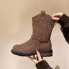 Retro Fashion Simple Generous British Belt Buckle Flat Bottom Rivet Western Boots Knight Boots Short Boots Female Martin Boots