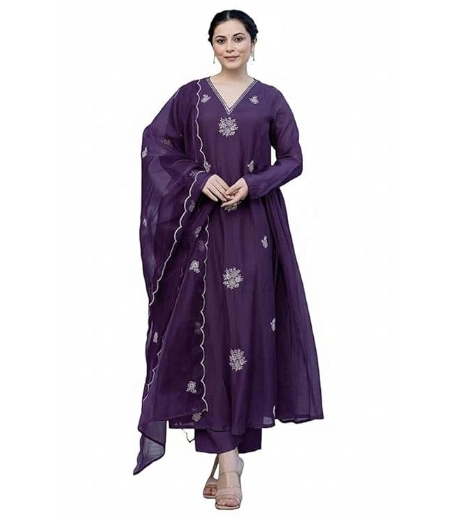 Women Designer Embroidery Solid Anarkali Kurta and Pant Set with Dupatta Set S