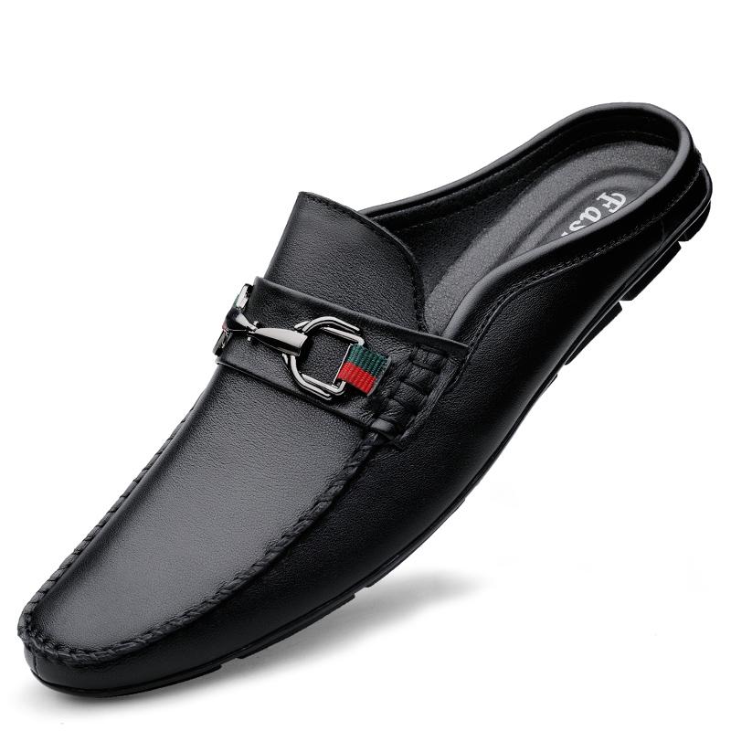 Fashion Summer Breathable Shoes Men Fashion Genuine Leather Half Shoes Slip On Moccasins Casual Italian Style Luxury Brand Half Loafers