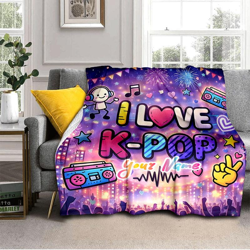 1PC Custom Name Love K-Pop Festival Outdooor Flannel Blankets Throw Blanket All-Season Throw Gift Bedspread for Couch, Bed, Camping Holiday Birthday G
