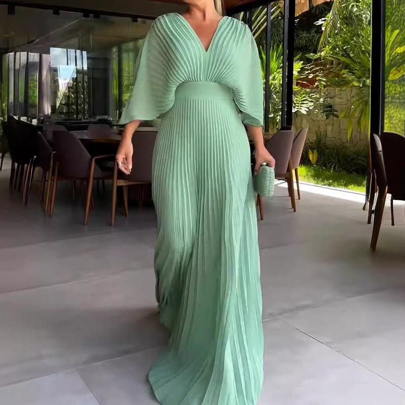 Women's Solid V Neck Batwing Half Sleeve Pleated Maxi Dress High Waist Formal Evening Gown XS-3XL