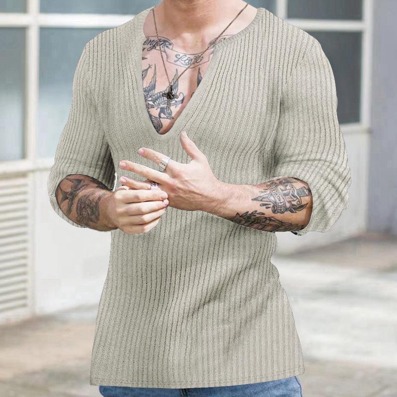 Amazon Cross-border 2023 European and American Men's Casual Autumn and Winter Deep V-neck Slim-fitting Long-sleeved Solid-color Knitted Bottoming