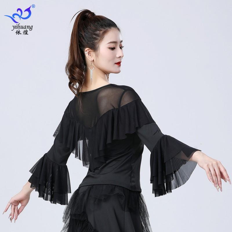 Latin Dance Top Women Ballroom Practice Wear Mesh Long Sleeve Flared Cuff Milk Silk 2025 Black Red Pink