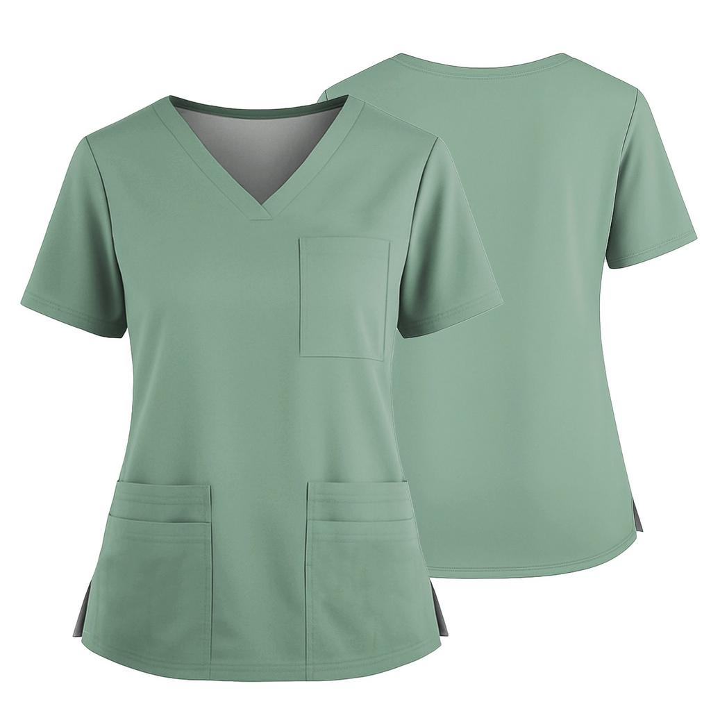 Women's Uniform Solid Color V-Neck Pocket Side Slit Uniform Short Sleeved Top Top