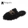 Luxury Curly lamb wool mules female metal chain fur slippers women ins winter shoes cover toe plush slides plus size 34-44