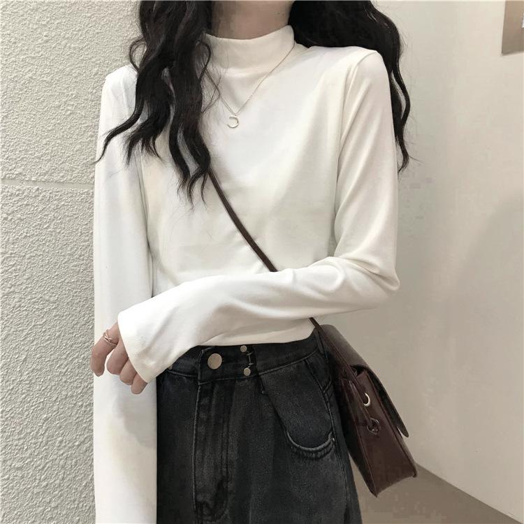 Women's White Half-Turtleneck Slim Long-Sleeve Shirt for Autumn/Winter