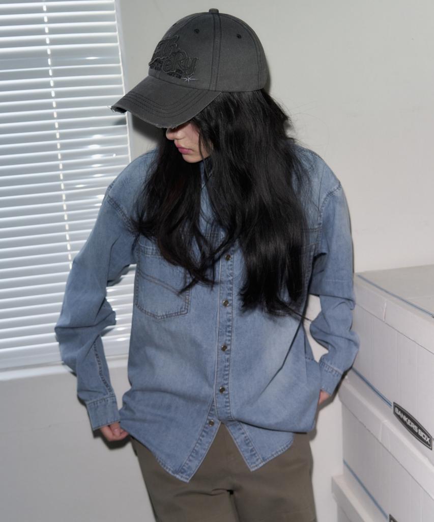 Ledeoli Stitch Two-Pocket Long Sleeve Denim Shirt [Black]