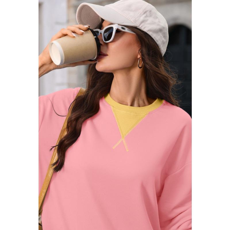 Women Loose Color Block Crew Neck Long Sleeve Casual Pullover Sweatshirt