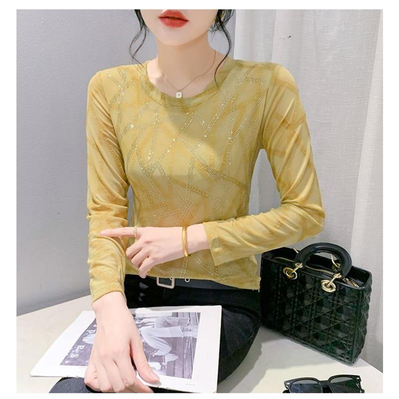 Mesh Bottoming Shirt for Women 2025 Autumn New European Fashion Hot Diamond Long-sleeved T-shirt with Top Stylish Small