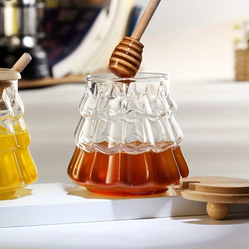 Exquisite Glass Tree Shape Honey Jar with Lid Heat Resistant Honey Container Clear Wood Stirring Rod Jam Jar Dining Table
