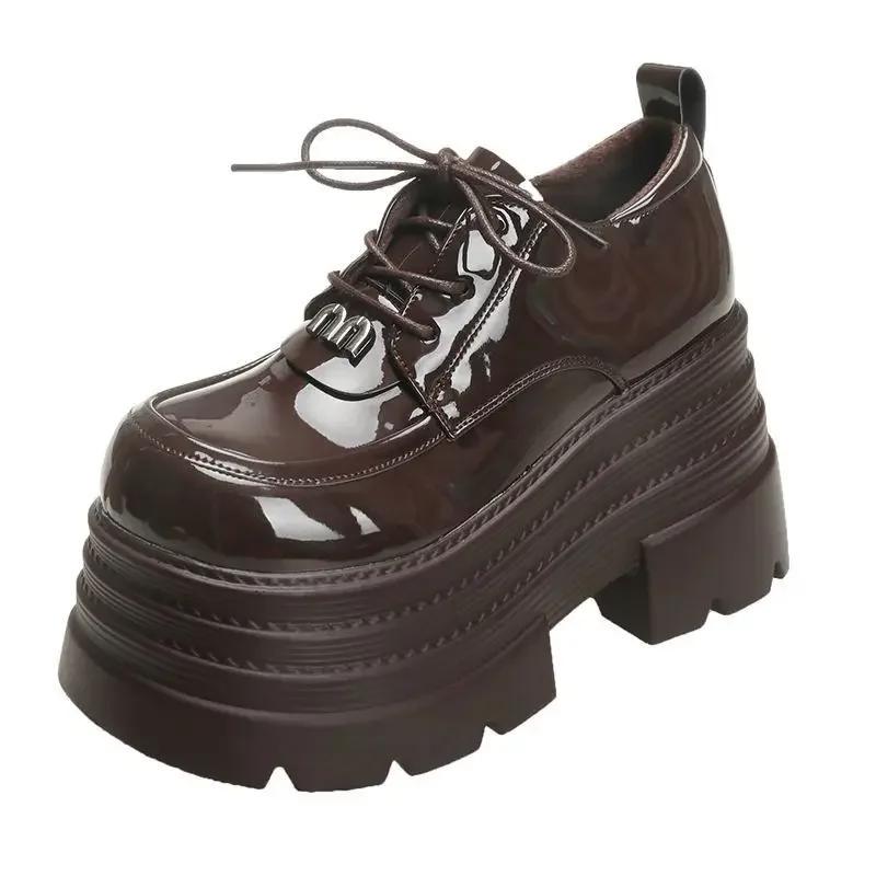 High Quality Coarse Heeled Small Leather Shoes with A British Style for Women Spring 2026 New Height Increasing Lace Up Loafers
