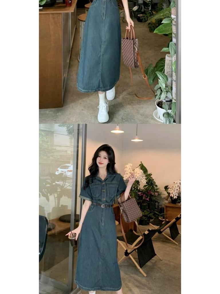 Women's Chic Hong Kong Style Retro Polo Collar Denim Dress - Slim-Fit, Waist-Cinching, Short Sleeve, Mid-Length A-Line Skirt, Summer Collection