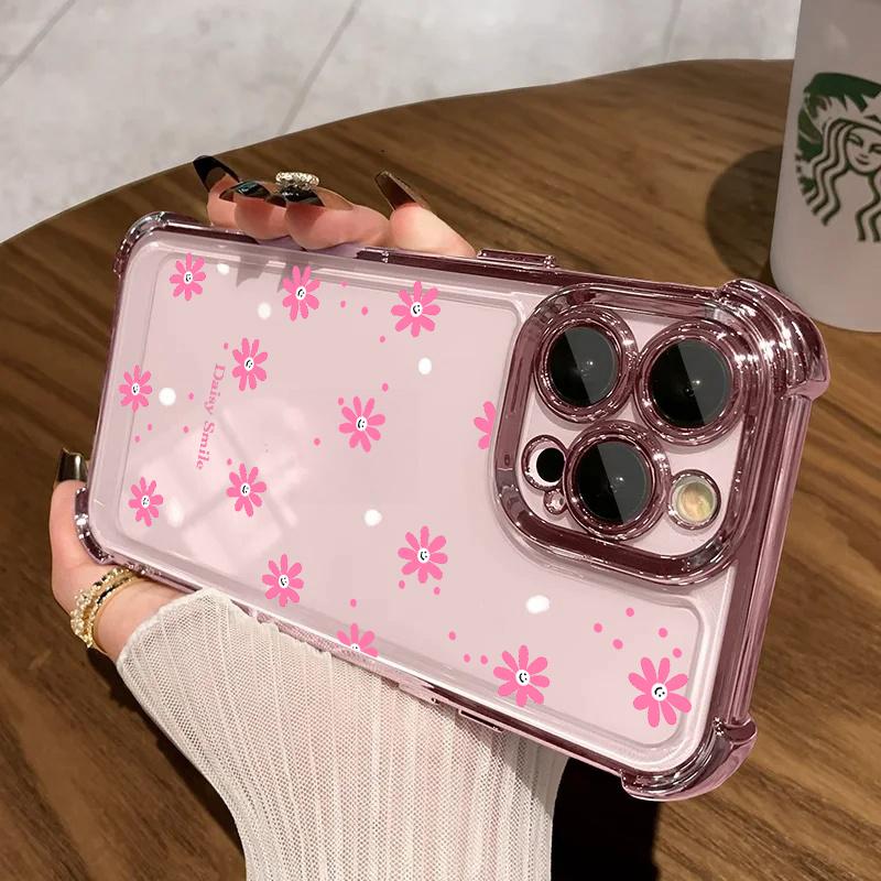 Case For RENO 15F 15 Pro 5G 14F 13F 11F 12F 14 13 11 12 10 Pro Plating Daisy Flowers Shockproof Soft Transparent Cover