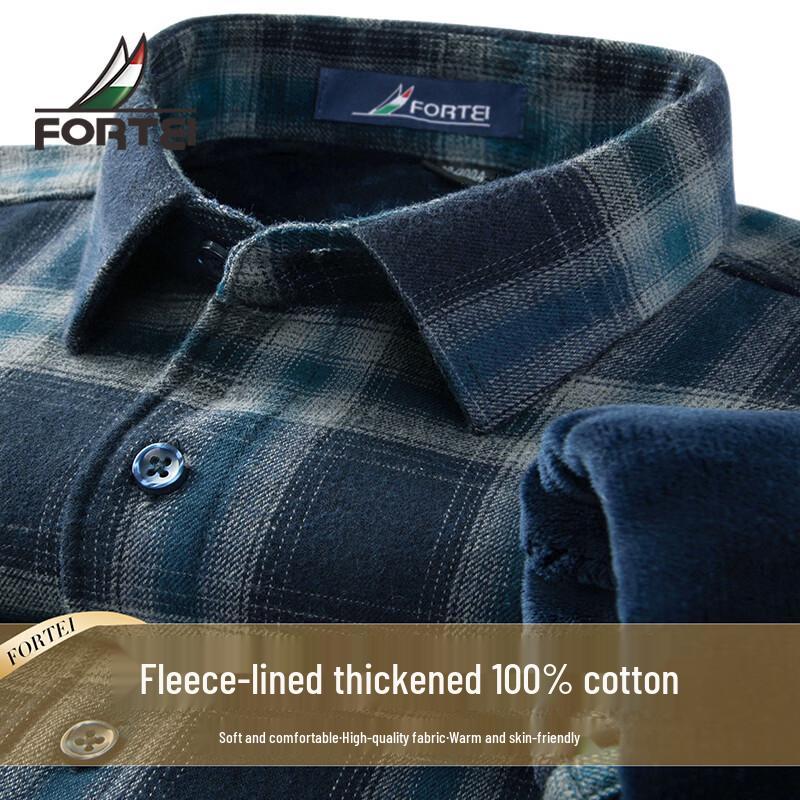 Futing Men s 100% Cotton Thickened Fleece-Lined Plaid Long-Sleeve Shirt 43