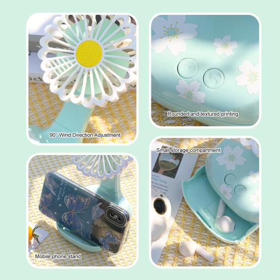 Summer Flower Desk Fan with Night Light Phone Holder 3-Speed Angle Adjustable Fan Rechargeable Office Bedroom Travel Personal Cooling