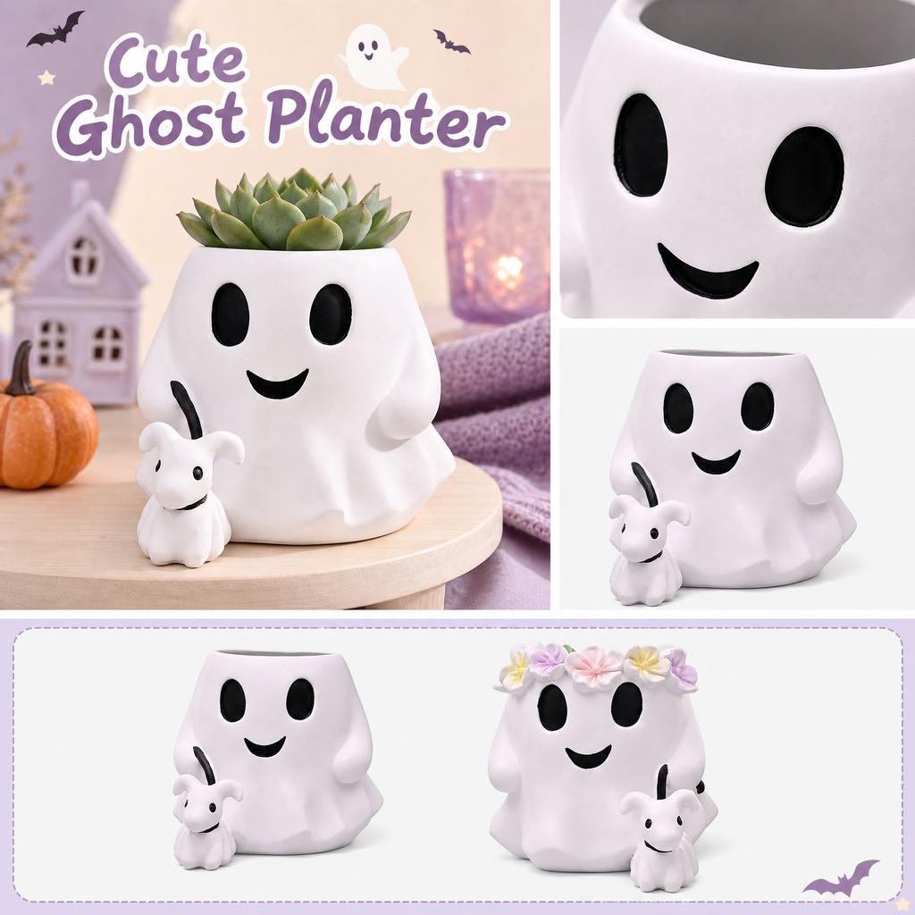 Resin Halloween Ghost Figurine Desktop Ornament Cartoon Craft Decoration Pot for Home Office Tabletop Display