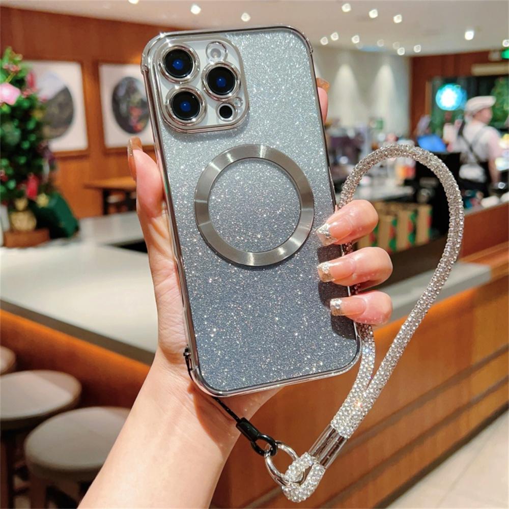 Voor iPhone 16 Pro Max Hoesje Compatibel met MagSafe Gegalvaniseerd Kleurverloop Glitters Telefoonhoesje met Lanyard