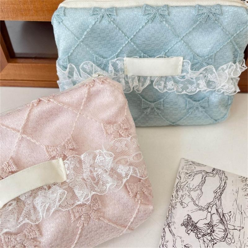 Elegant Floral Lace Trimmed Wallet Small Storage Bag Polyester Stylish Lightweight Carryall For Coin Accessories