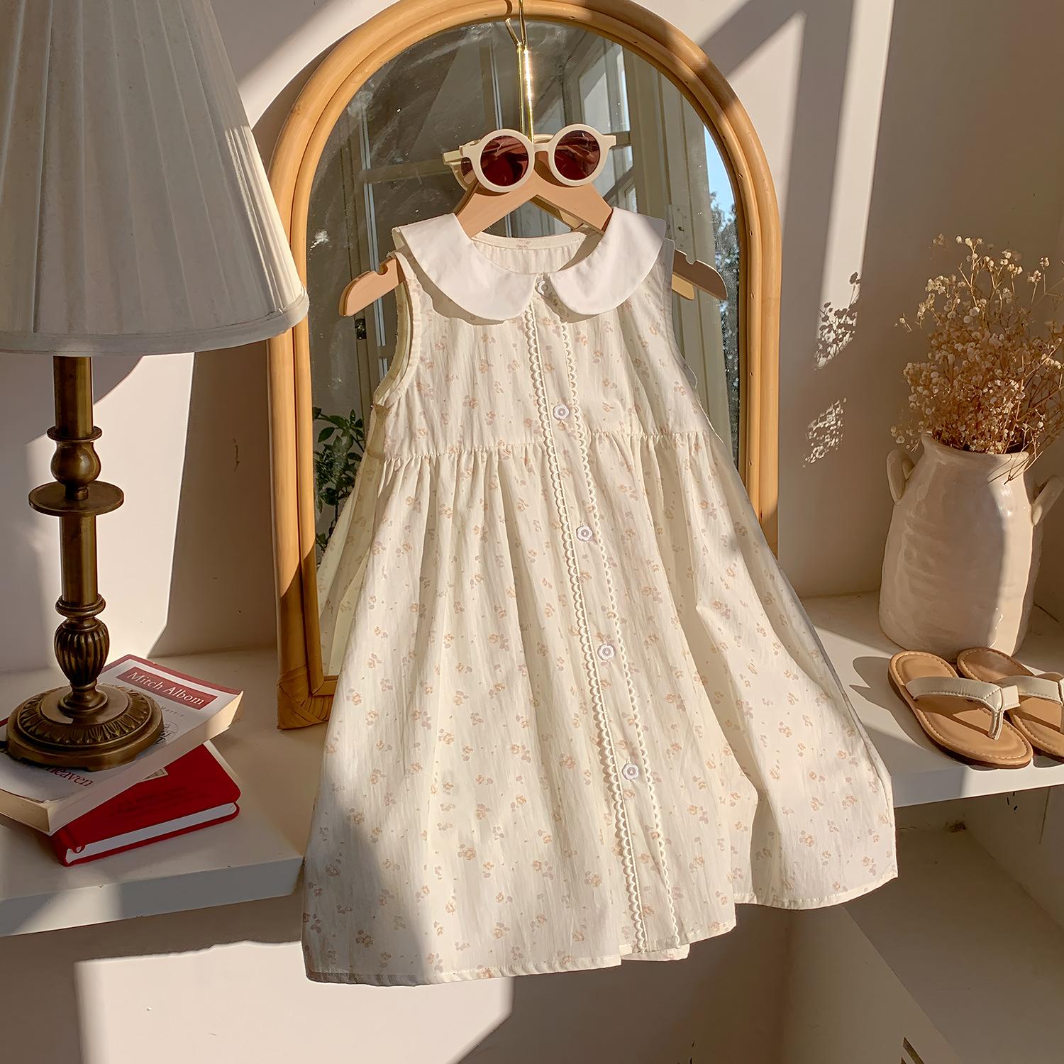 Girls Summer Cotton Floral Dress Sleeveless Doll Collar Lace Trim Princess Party Dress For Kids 90cm