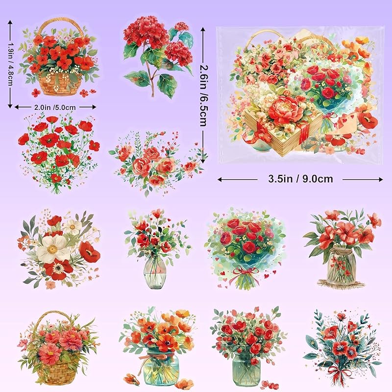 50 Hojas de Pegatinas Transparentes Rojas Impermeables con Flores para Scrapbooking, Pegatinas Florales Botánicas, Perfectas para Diarios, Manualidades y Proyectos de Arte