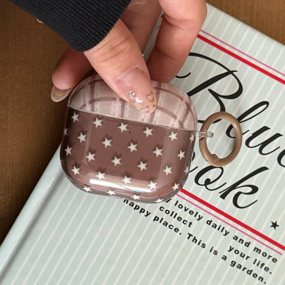 Brown Plaid Transparent Soft Earphone Case Cute Star Pendant Fall Shockproof Protection Cover for AirPods 1 2 3 4 Pro 3 2