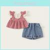 Girl Summer Cotton Short Sleeve Gingham Dress Set For Kids Ages 3 To 8