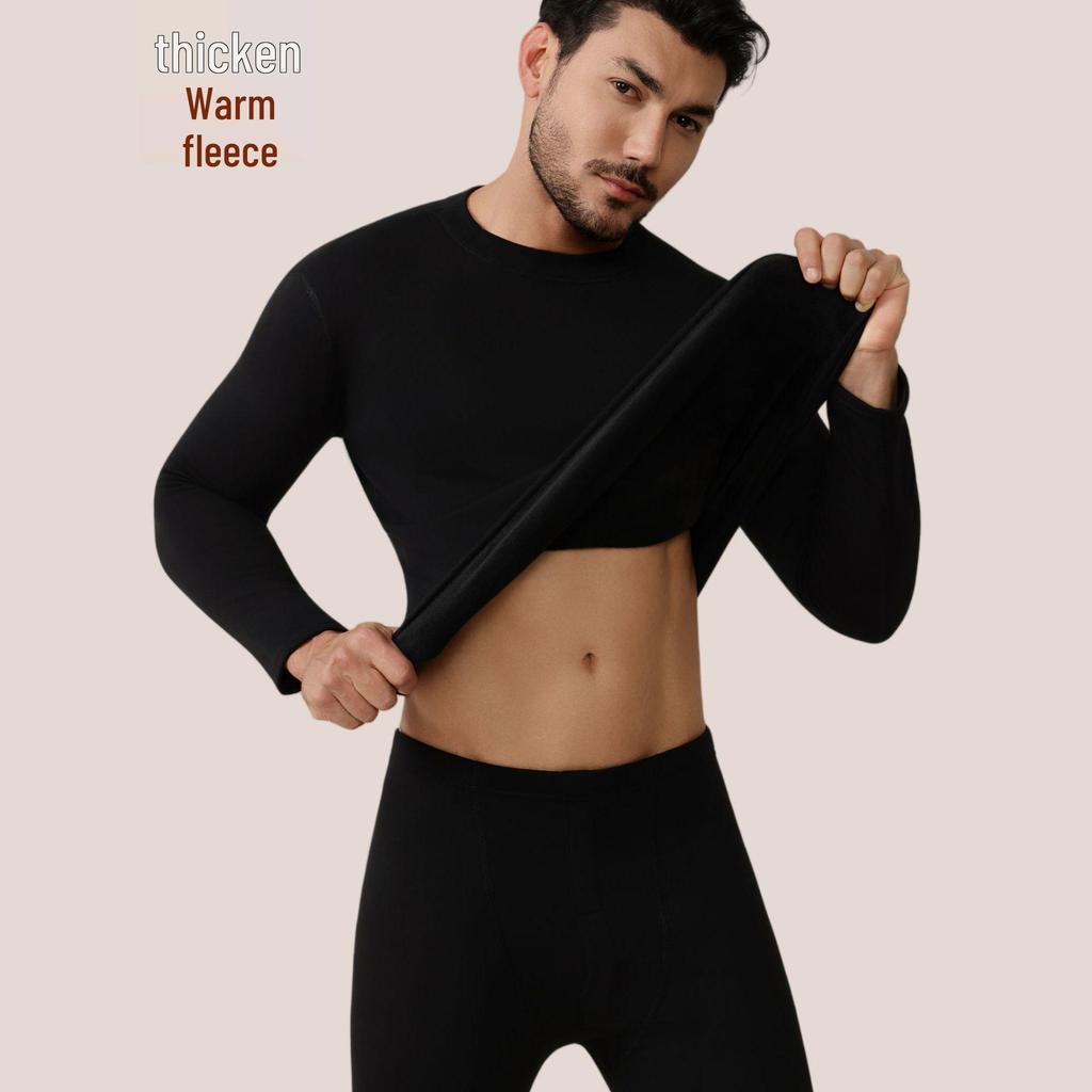 Men's and Women's Fleece-lined Crew Neck Warm Underwear Set: Heat-generating, Cold-proof, Pure Cotton for Autumn.