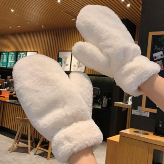 1 Pair Ladies Winter Mittens Thickened Soft Plush Solid Color Cozy Anti-slip Elastic Windproof Heat Retention Warm Lady Outdoor Gloves