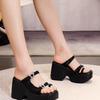 Super high heel muffin wedge heel thick sole one-word slippers women's 2025 summer outer wear high-end bow thick heel sandals