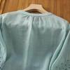 Embroidery Flower Pattern Women Shirt Retro Style Round Neck Pullover Tops 3 4 Sleeve Summer Casual Blouse