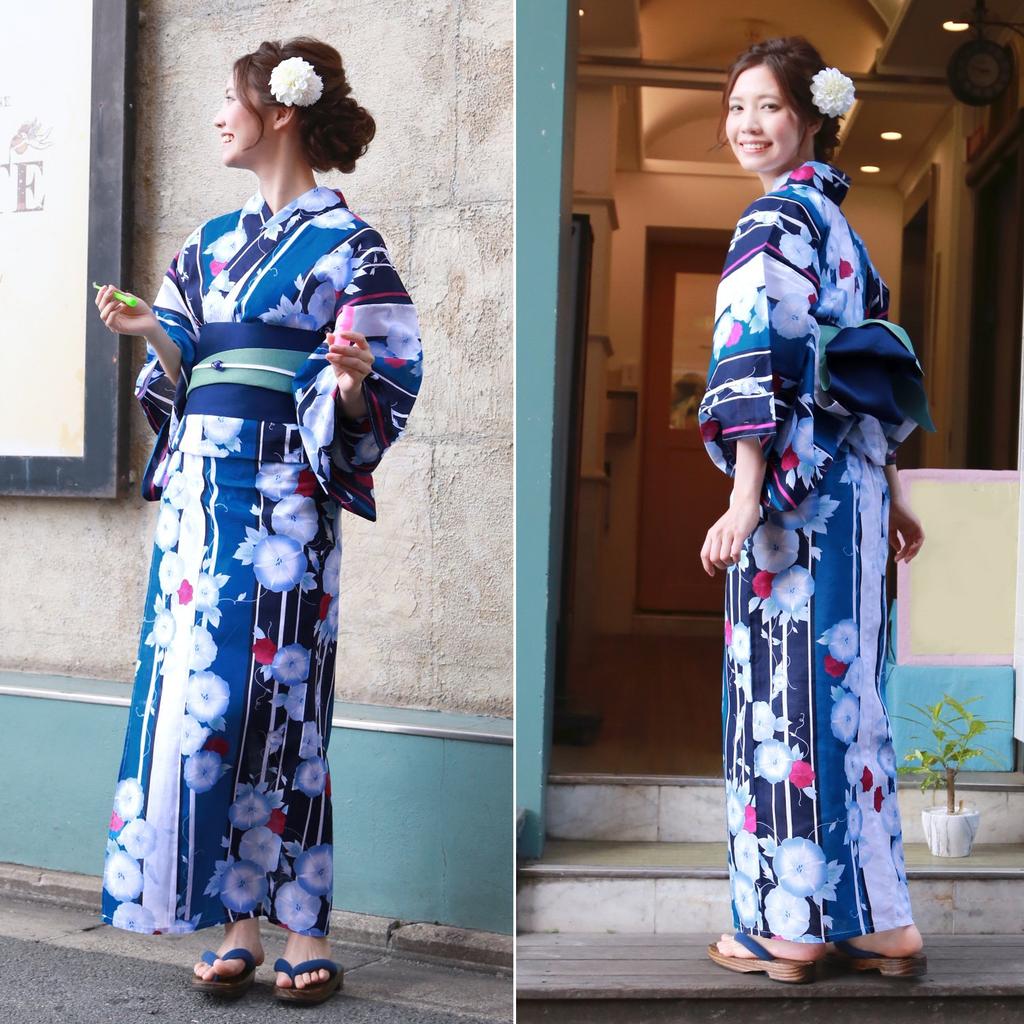 Brilliant Piece Yukata and Navy Blue with Blue Morning Set for a Love Look "Wa Nadeshiko" Women's Set, Blue-Green Glory, 3-Piece Heart-Pounding