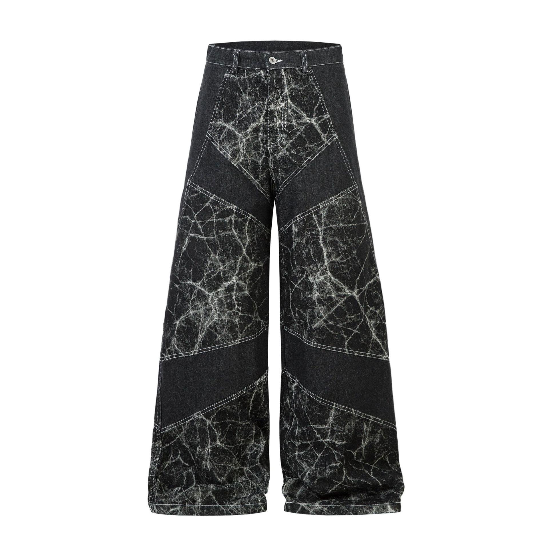 Men s Autumn American High Street RO Wind Deconstruction Functional Wind Tie-Dyed Jeans Wide Leg Pants M чёрный