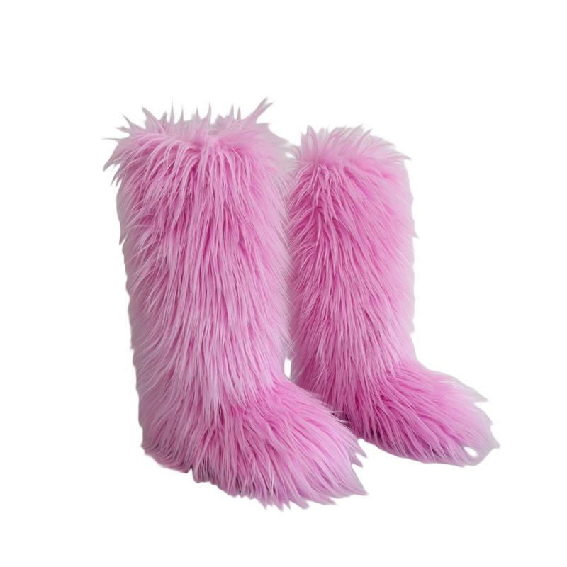 Faux Fur Snow Boot for Women Winter Warm Fluffy Long Furry Long Boots Women's Outdoor Fuzzy Knee-High Boots Plush Warm Snow Shoes for Outdoor Indoor