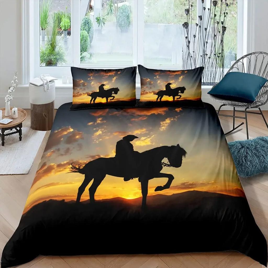 Western Cowboy Duvet Cover Set Vintage Farmhouse Bedding Set For Kids Boys Teens Queen Size Soft 2/3Pcs Polyester Quilt Cover