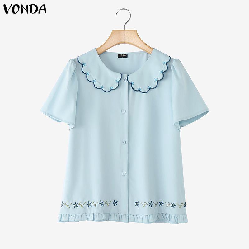 VONDA Women Casual Lapel Neck Short Sleeve Embroidery Cute Blouse