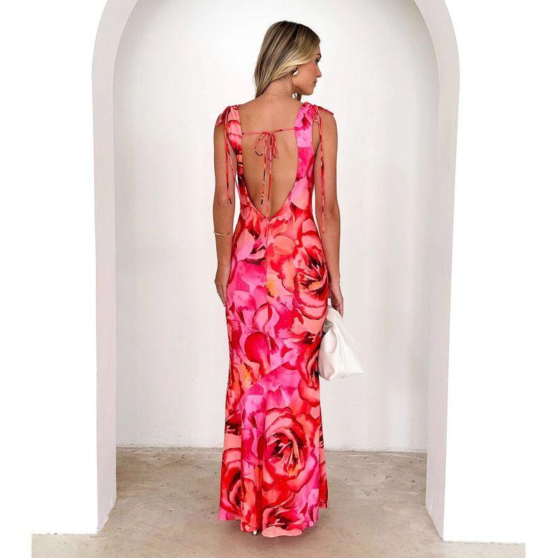 

European and American Spring V-neck Design Print Stretch Dress Sexy Straps Dress Women Pink Rose XL