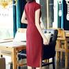 Damen Navyblau Cheongsam Kleid Mandarin-Kragen Kappenärmel Seitenschlitz Qipao Abendkleid