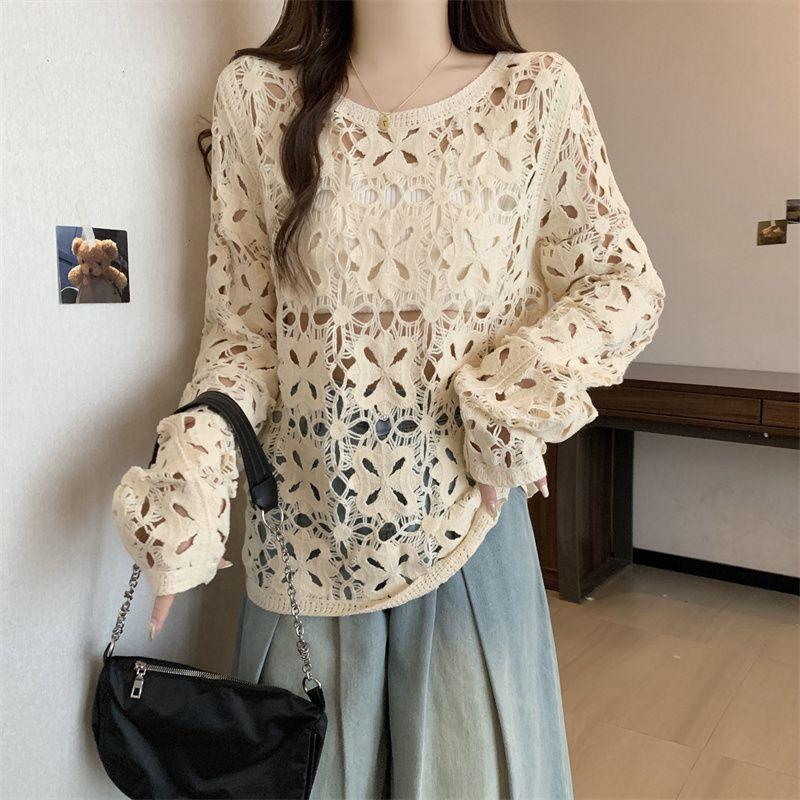 Plus Size Round Neck Hollow-out Hook Flower Gentle and Comfortable Long Sleeves Knitwear Blouse Air Conditioning Sun Protection Clothing for Women