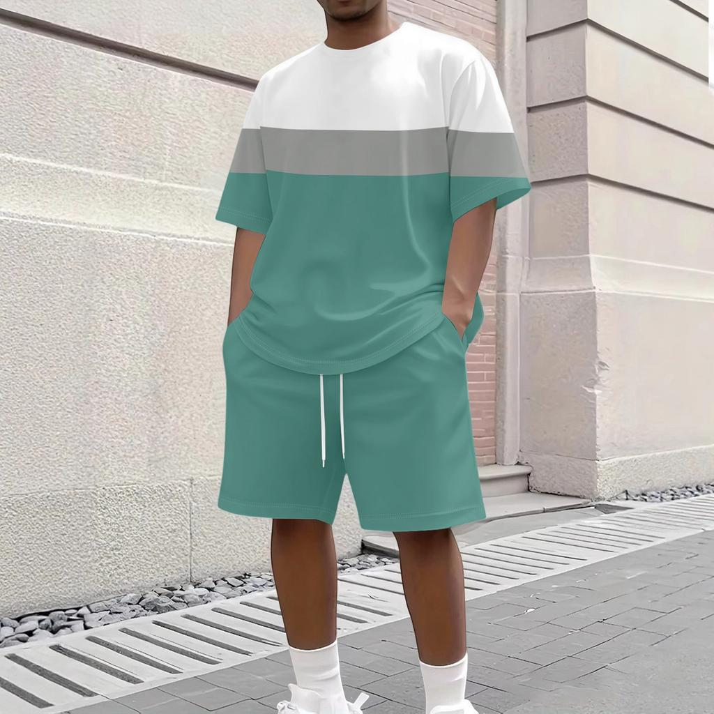 Men's Casual Short Sleeve Crew Neck T-Shirt and Shorts Set Striped Pattern Lightweight Breathable Summer Outfit for Daily Wear