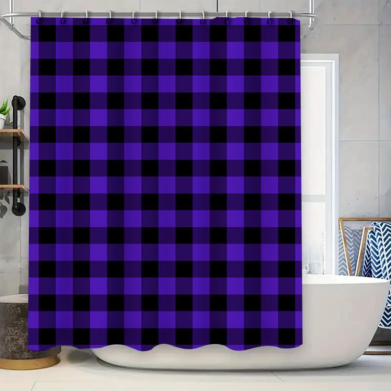 Modern Plaid Shower Curtain Waterproof Home Decor Purple Black Checkered Bath Rug Design Easy Install Shower Drapes for Bathroom