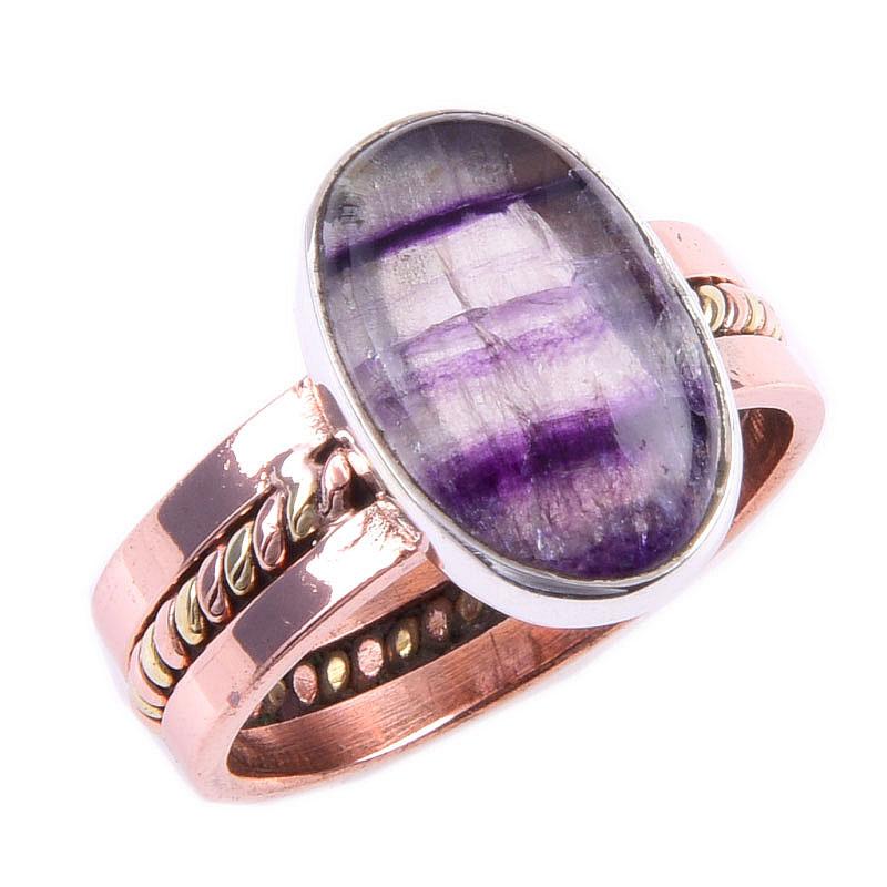 Natural Fluorite Gemstone Handmade 925 Sterling Silver Two Tone Ring Size 8 k3U76