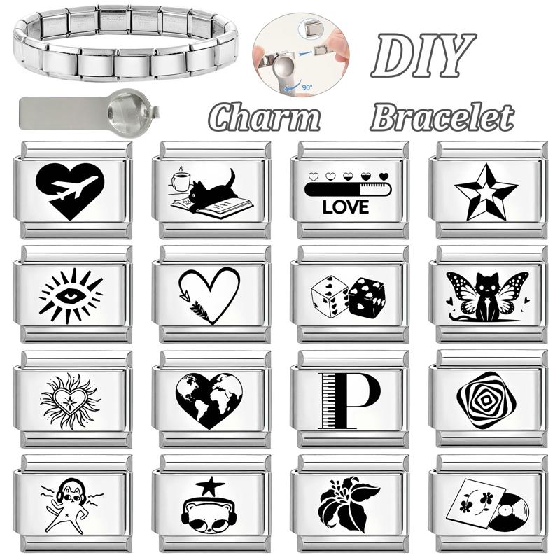 New Y2K Laser Engraving DIY Black Italian Charm Bracelet Personalized Cat Butterfly Star Heart Beads 9MM Stainless Steel Jewelry