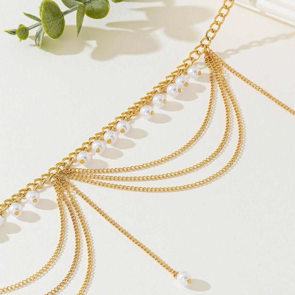 Modetrend literarisches Designgefühl elegante Frau Metallquaste künstliche Perle Perlenanhänger Damen-Hüftkette