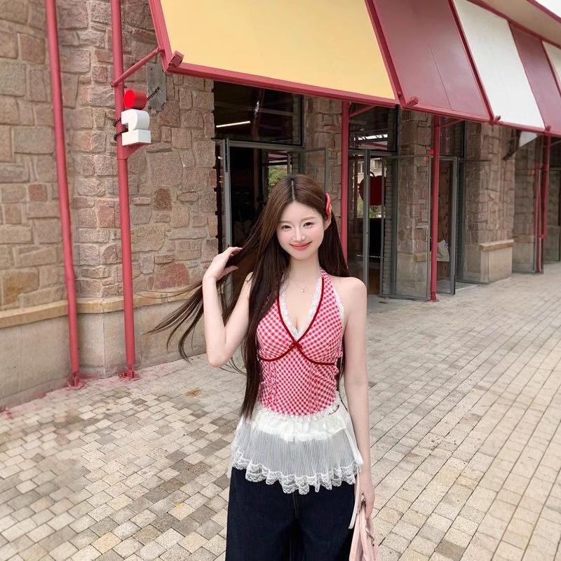#Summer new niche plaid vest suspender women's splicing lace inside sexy neck spice girl top trendy