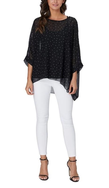 Sara Rose Chiffon Loose Summer Blouse with Sleeves Black Polka Women's Tunic, See-Through 3/4 (Free, Dots)
