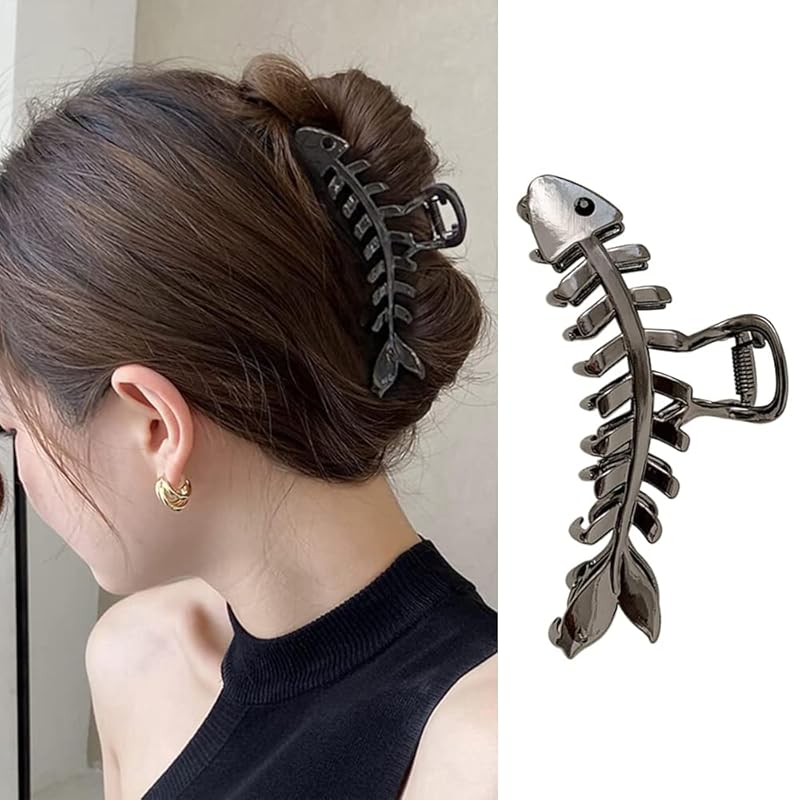 BELSITA Fish Bone Hair Clip, 1PCS Large Metal Black Non-Slip Hair Jaw Clamps Gold Hairpin Clips Fashion Hair Accessories, for Women Thick or Thin