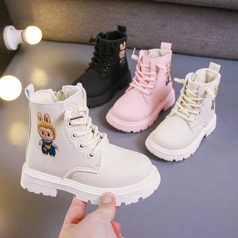 Girls' Cartoon Fashion Short Boots for Small and Medium-sized Children, Autumn and Winter British Style Boys' Velvet and Cotton Leather Boots