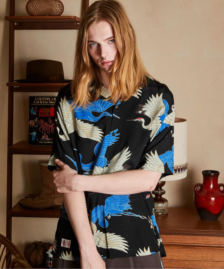 Schott X PJ X Pineapple Juice RAYON SHIRT CRANE Men's Rayon Shirt, Size 2XL, 010, Black, 782-5123018