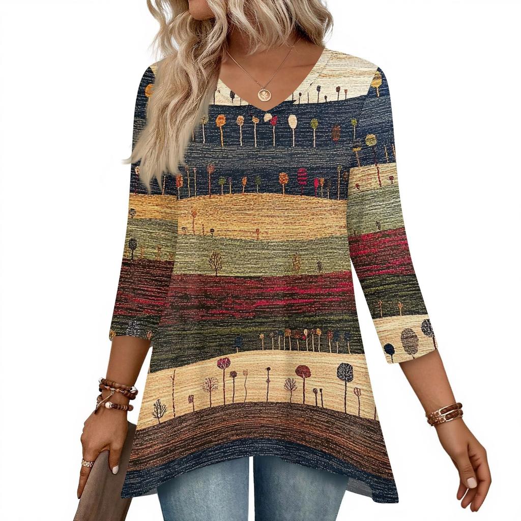 Dámské topy s výstřihem do V a 3/4 rukávem, ležérní košile střední délky, módní tuniky s potiskem